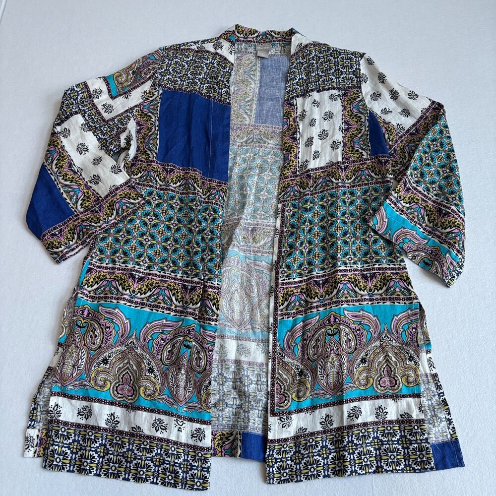 Chicos Linen Kimono Jacket Womens 12-14 Blue White Patchwork Paisley Boho Duster